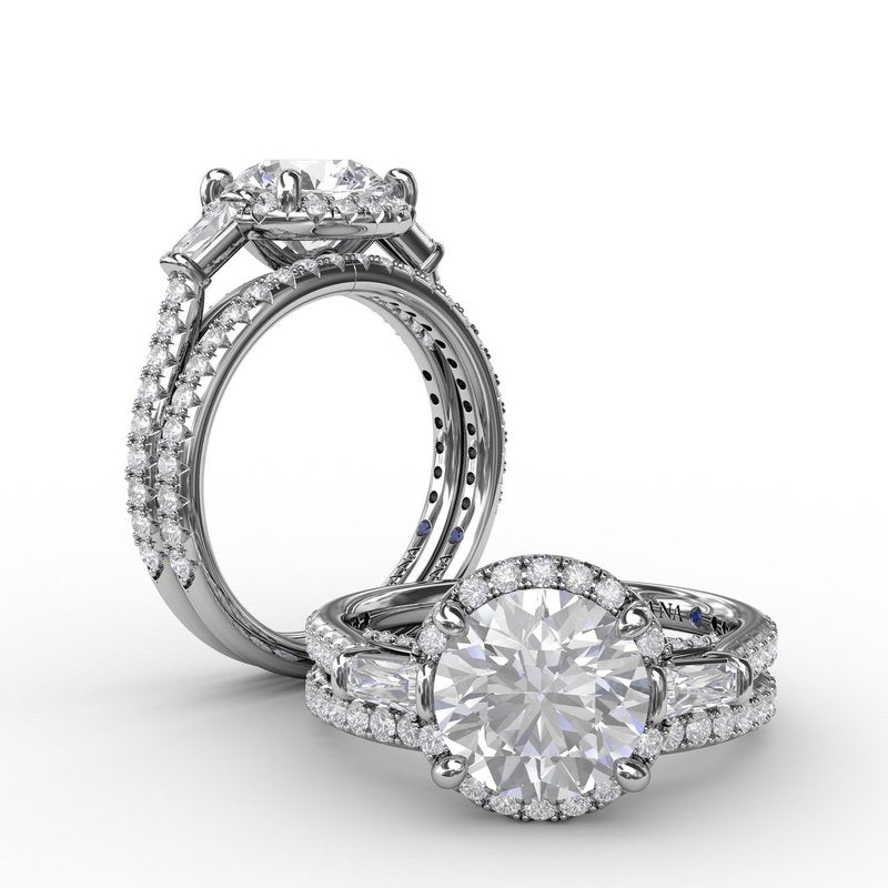 Vintage Round Diamond Halo Engagement Ring With Tapered Baguettes S3278 - TBird