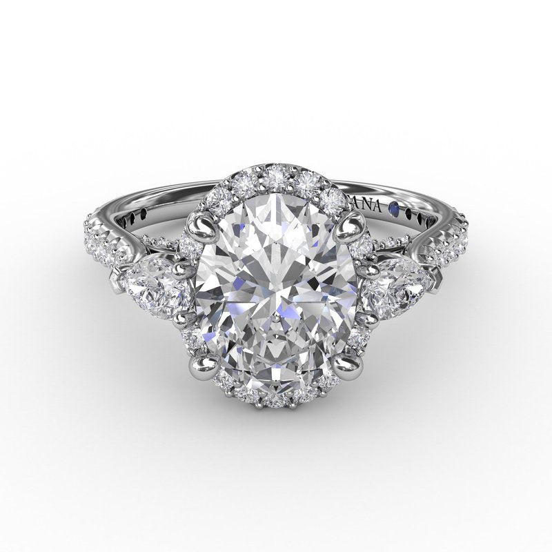 Oval Diamond Halo Engagement Ring With Pear-Shape Diamond Side Stones S3280 - TBird