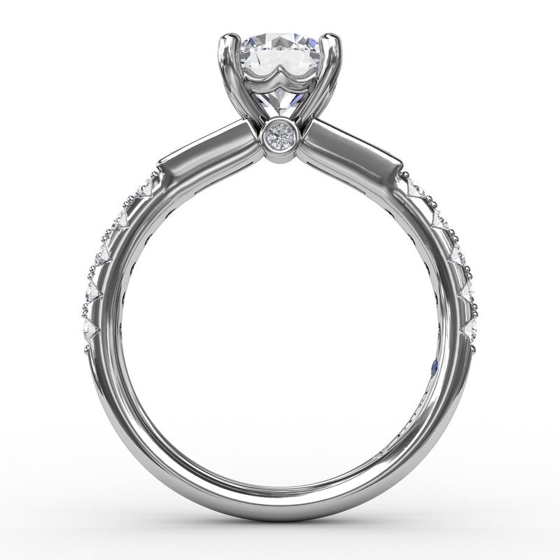 Three-Stone Round Diamond Engagement Ring With Bezel-Set Baguettes and Diamond Band S3296 - TBird