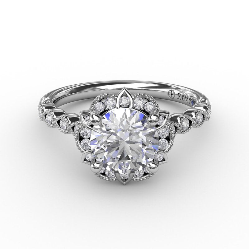 Round Diamond Engagement With Floral Halo and Milgrain Details S3311 - TBird