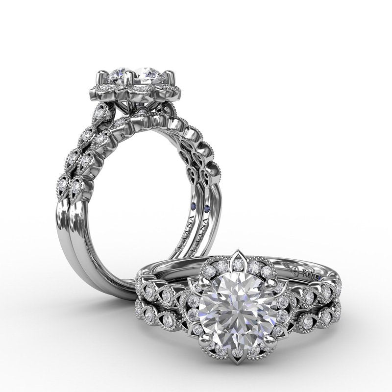 Round Diamond Engagement With Floral Halo and Milgrain Details S3311 - TBird