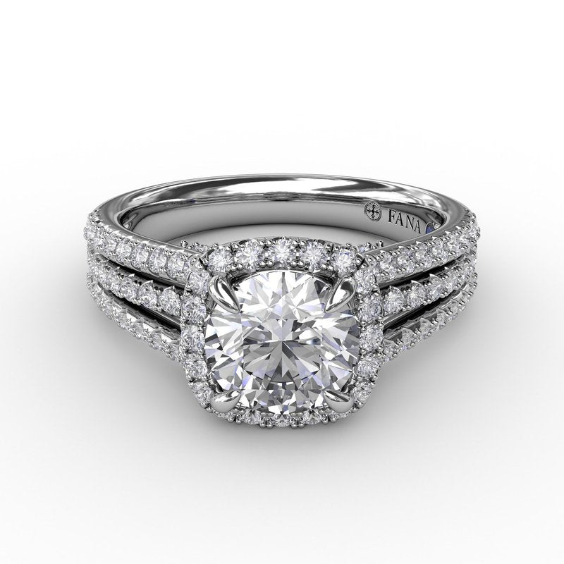 Cushion-Shaped Diamond Halo Engagement Ring With Triple-Row Diamond Band S3315 - TBird