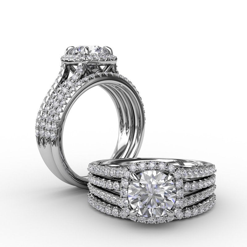 Cushion-Shaped Diamond Halo Engagement Ring With Triple-Row Diamond Band S3315 - TBird