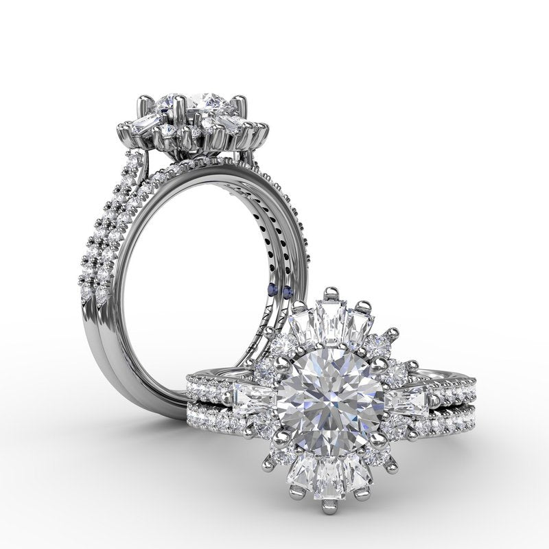 Mixed Shape Diamond Halo Ballerina Style Engagement Ring With Diamond Band S4023 - TBird