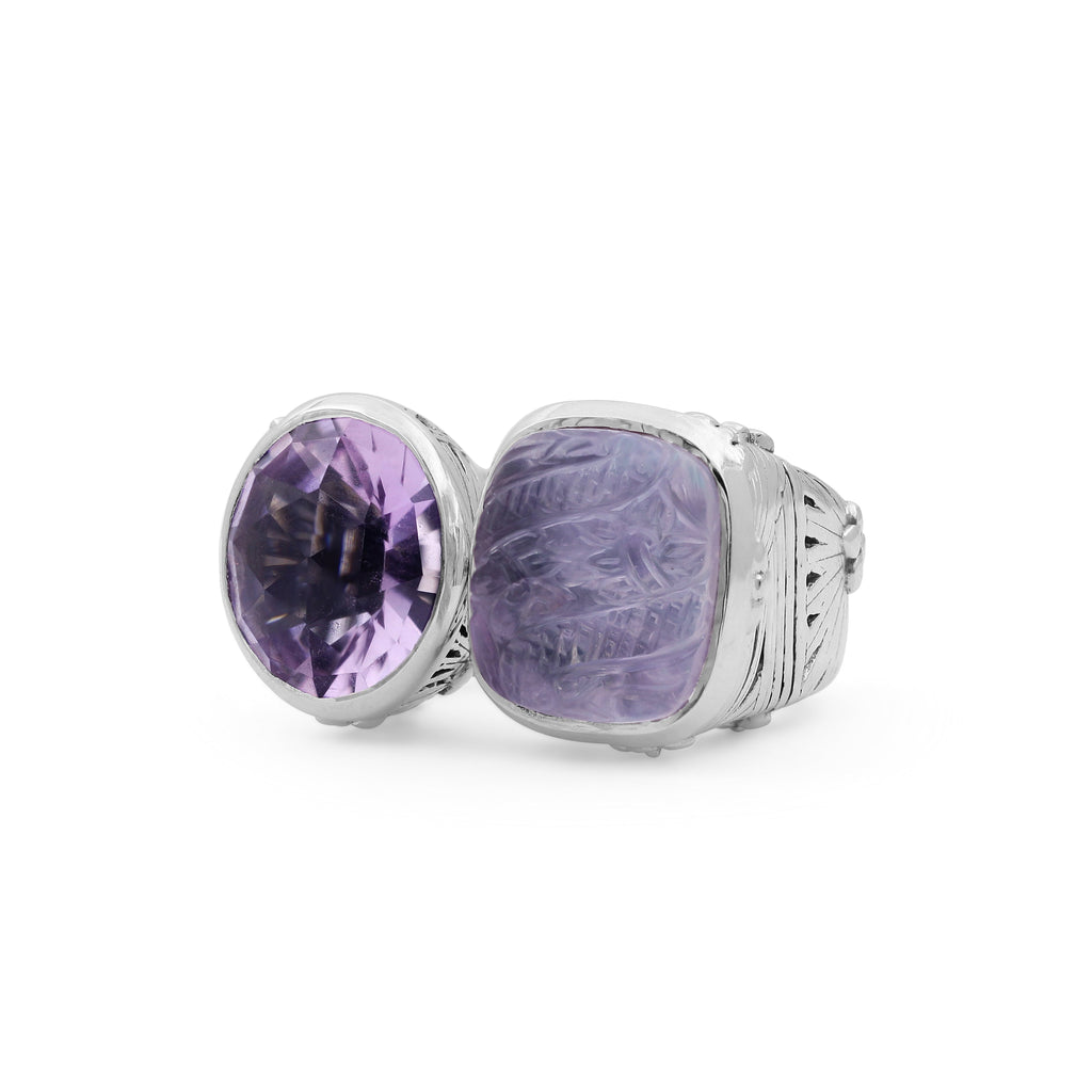 Carventurous Faceted Amethyst Hand Carved Natural Quartz Mother Of Pearl And Amethyst Open And Close Sunray Ring In Sterling Silver