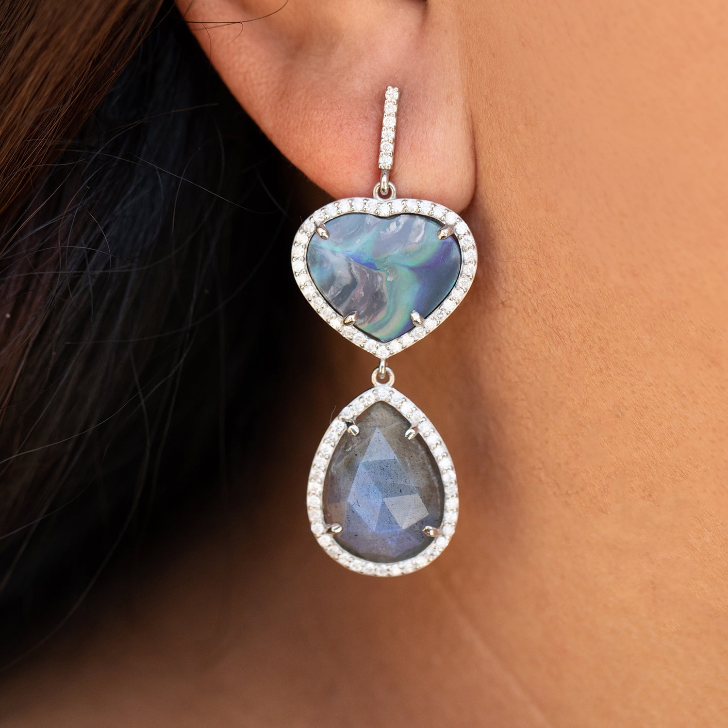 Opal Heart and Labradorite Double Drop Earrings  SE000055 - TBird