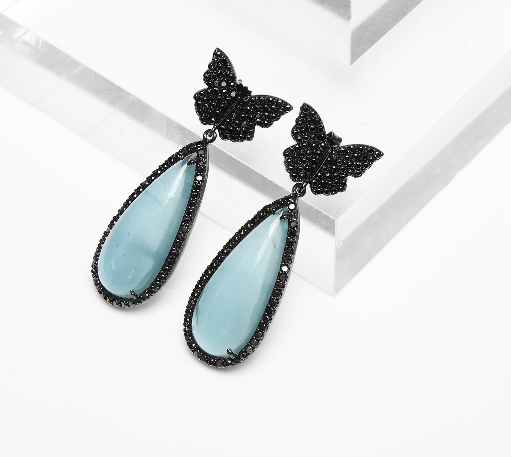 Black Diamond Butterfly and Aquamarine Drop Earrings SEB00006 - TBird