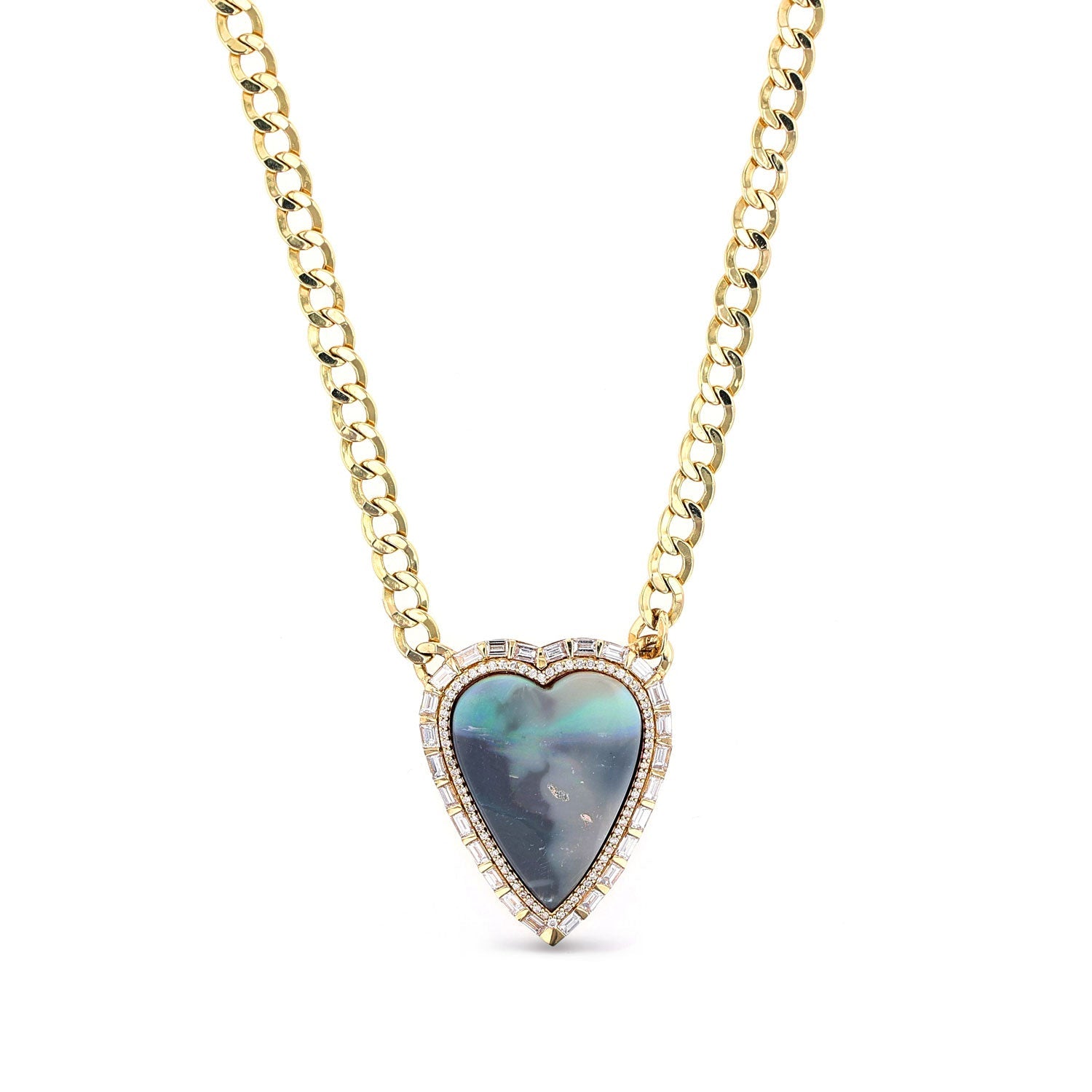 14k Boulder Opal Heart Necklace in Baguette Diamond Setting SNG00100 - TBird