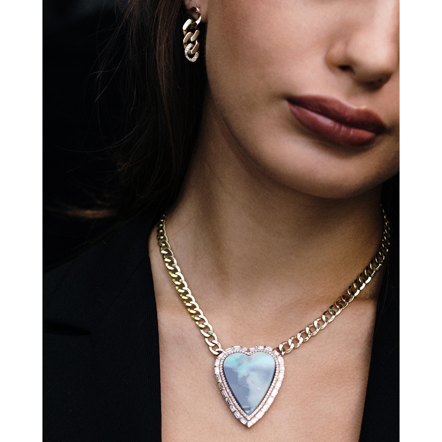 14k Boulder Opal Heart Necklace in Baguette Diamond Setting SNG00100 - TBird