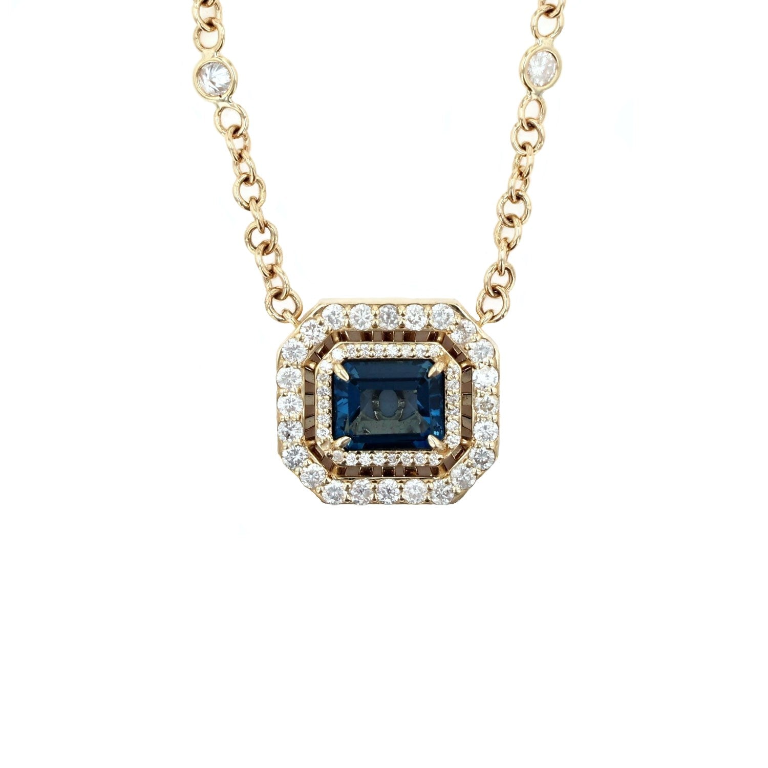 London Blue Topaz Double Diamond Halo on 14K Gold Chain with Diamond Stations  SNG00122 - TBird