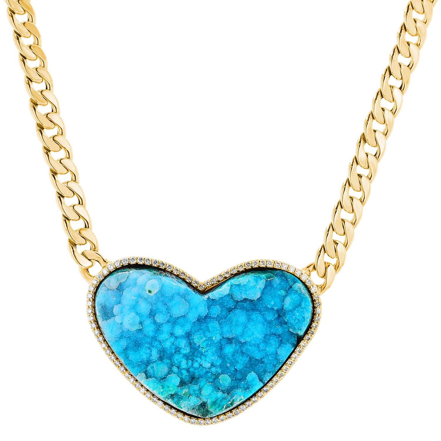 14K Chrysocolla Druzy Heart Pendant on Cuban Curb Chain - 16"  SNG00133 - TBird