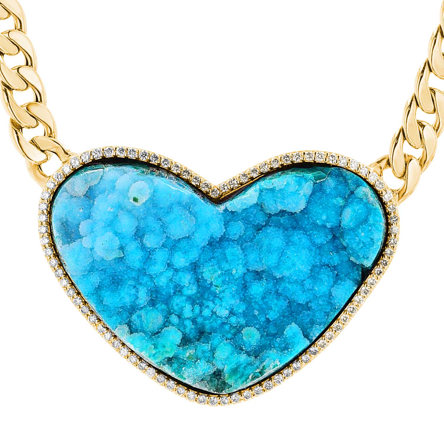 14K Chrysocolla Druzy Heart Pendant on Cuban Curb Chain - 16"  SNG00133 - TBird