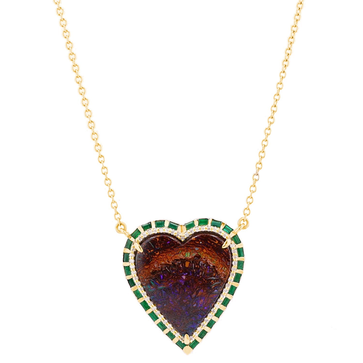 14k Opal Heart with Emerald Baguette Halo on Cable Chain SNG00156 - TBird