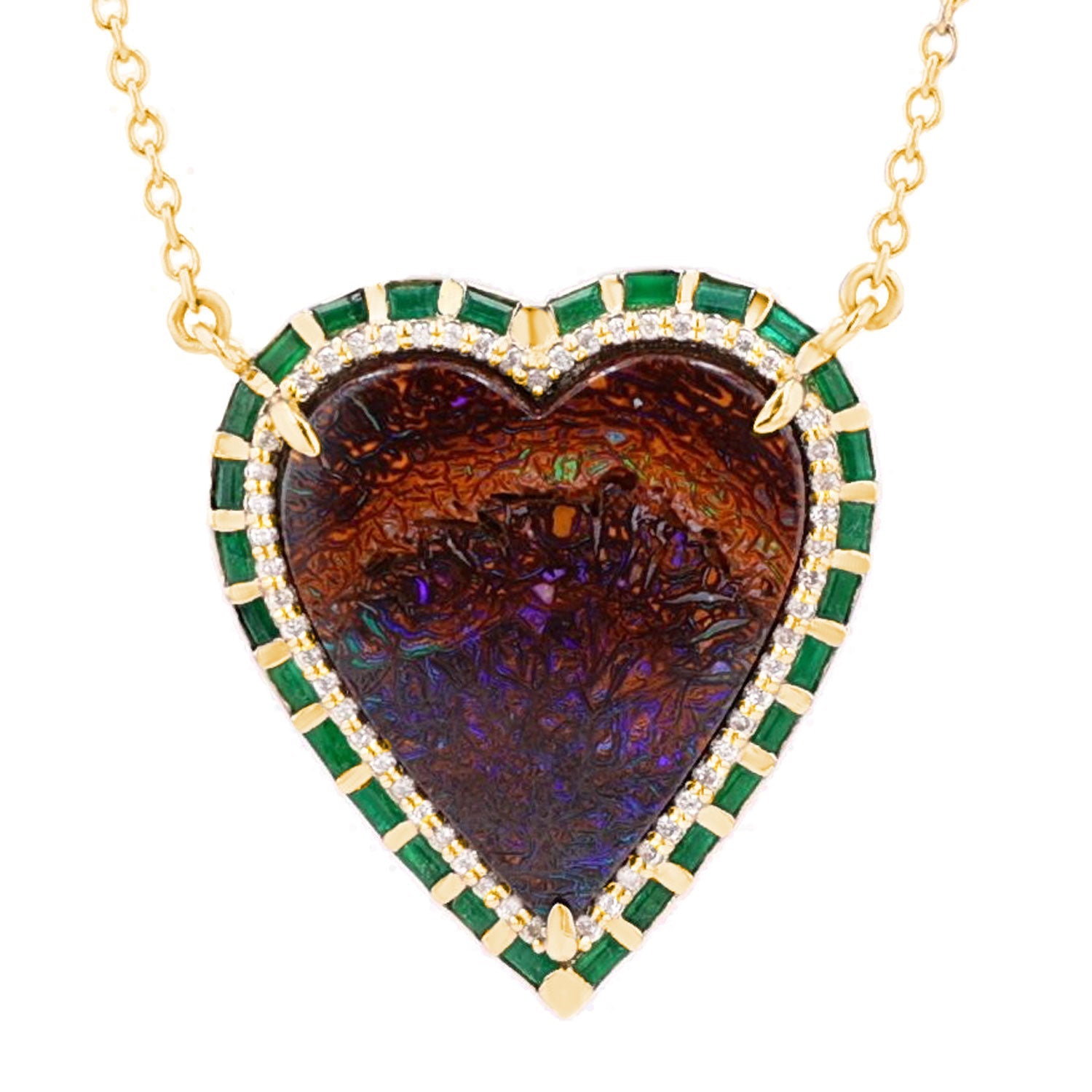 14k Opal Heart with Emerald Baguette Halo on Cable Chain SNG00156 - TBird