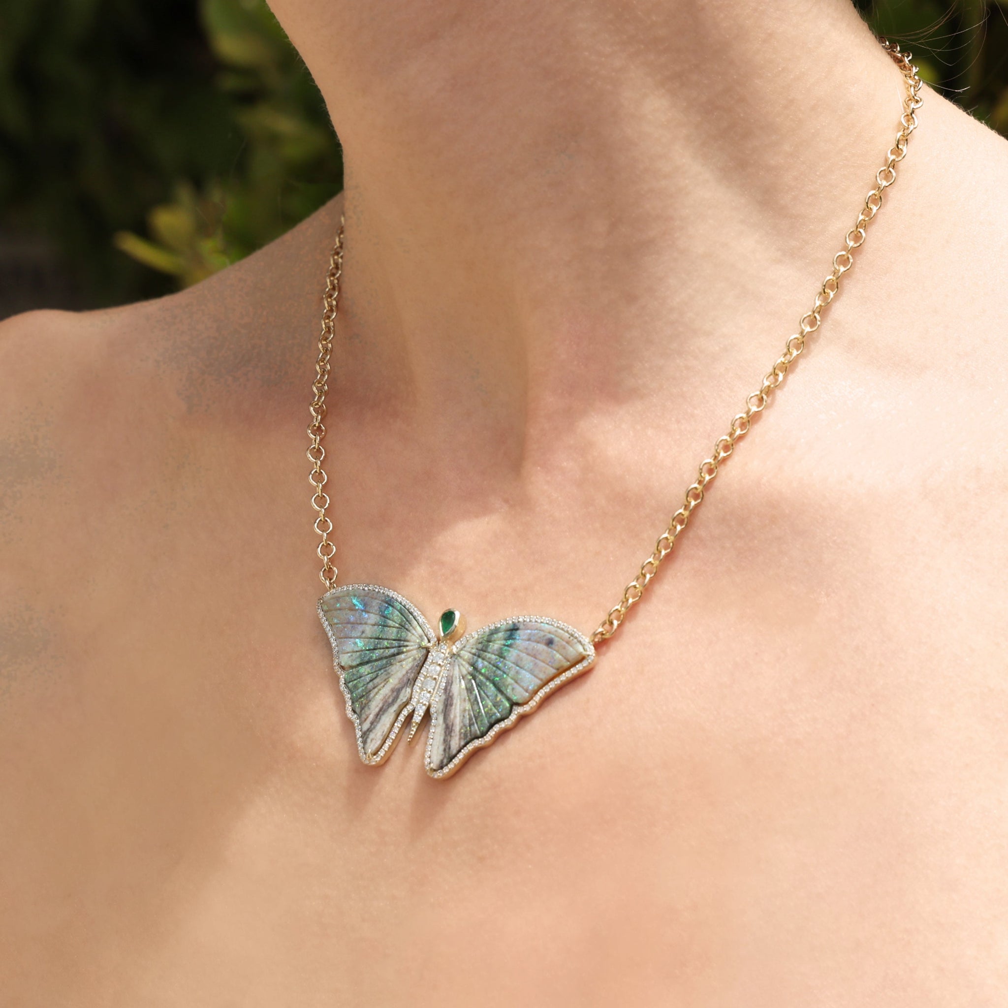 One of a Kind Australian Opal and Emerald Butterfly Necklace SNG00171 - TBird