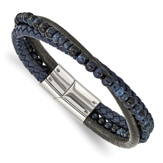 Chisel Stainless Steel Polished Multi Strand Blue Chalcedony and Tiger's Eye Beaded Black and Blue Leather 8.25 inch Bracelet
