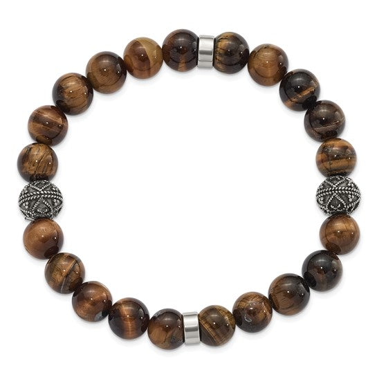 Chisel Stainless Steel Antiqued and Polished 10mm Tiger's Eye Stretch Bracelet