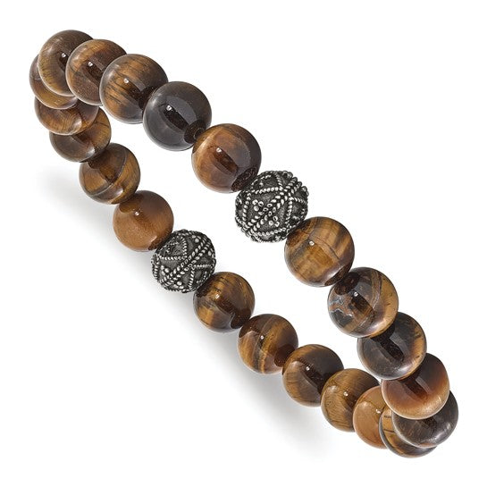 Chisel Stainless Steel Antiqued and Polished 10mm Tiger's Eye Stretch Bracelet