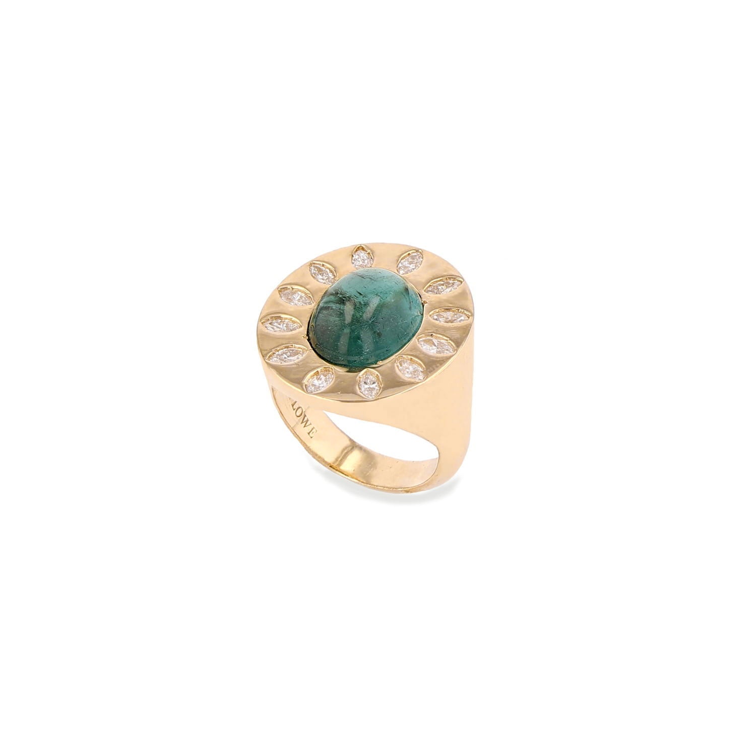 14k Teal Tourmaline Cabochon Ring with Marquis Diamond Flower  SRG058-8 - TBird