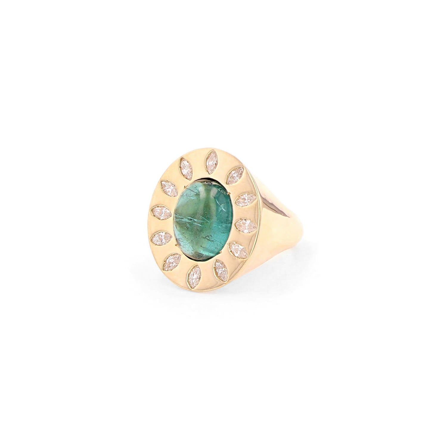 14k Teal Tourmaline Cabochon Ring with Marquis Diamond Flower  SRG058-8 - TBird