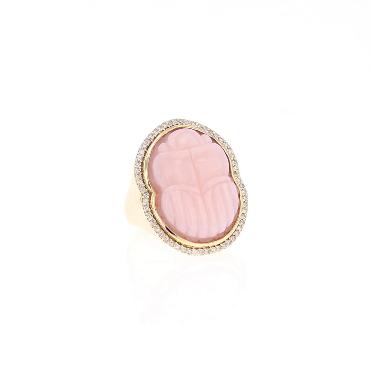 14k Carved Pink Opal and Diamond Scarab Ring SRG078-8 - TBird
