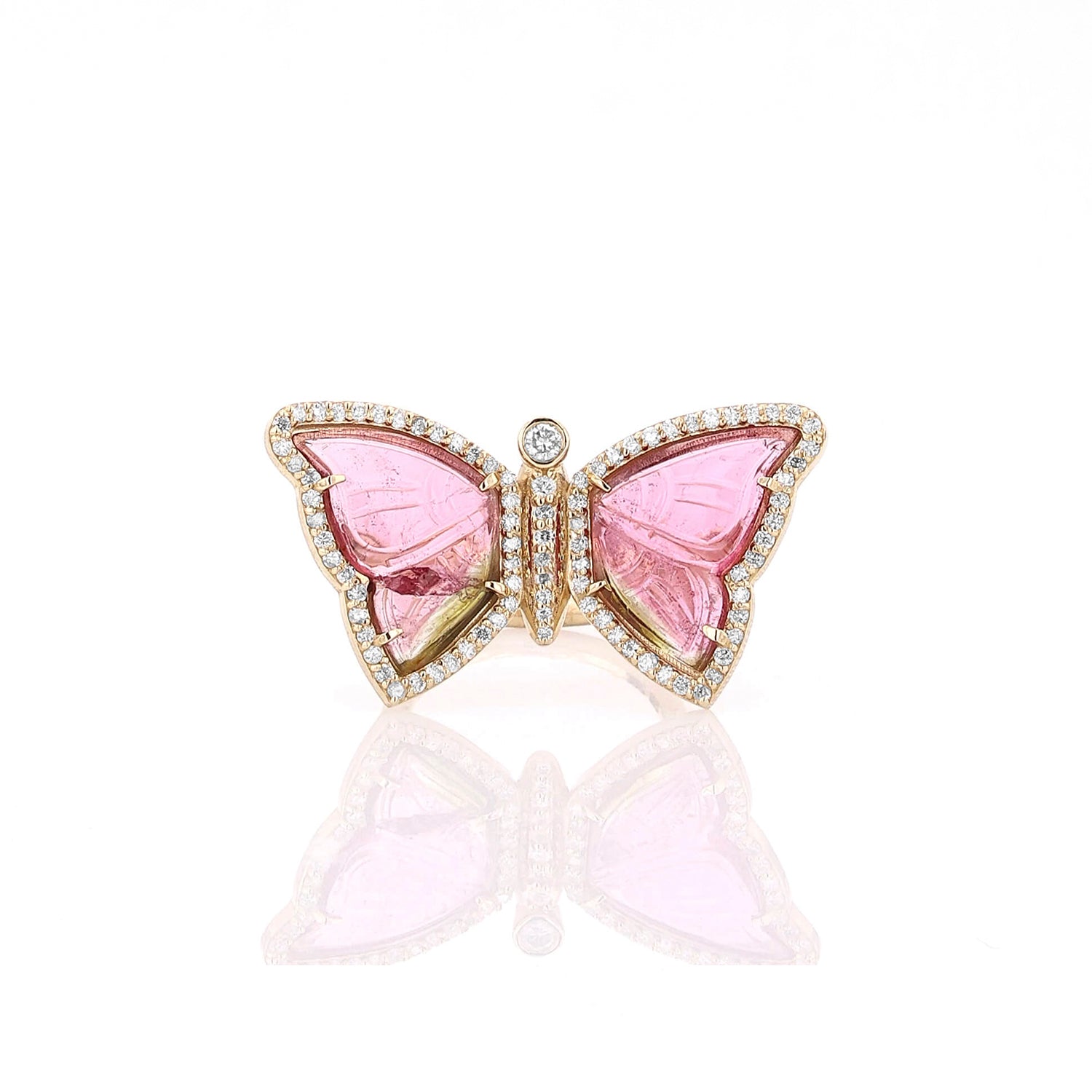 14K Diamond Pink Tourmaline Carved Butterfly Ring  SRG081-8 - TBird