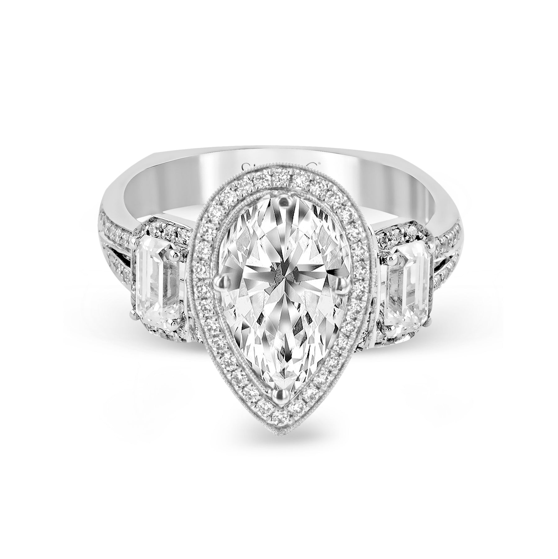 Pear-Cut Three-Stone Halo Engagement Ring In 18k Gold With Diamonds TR446-PR