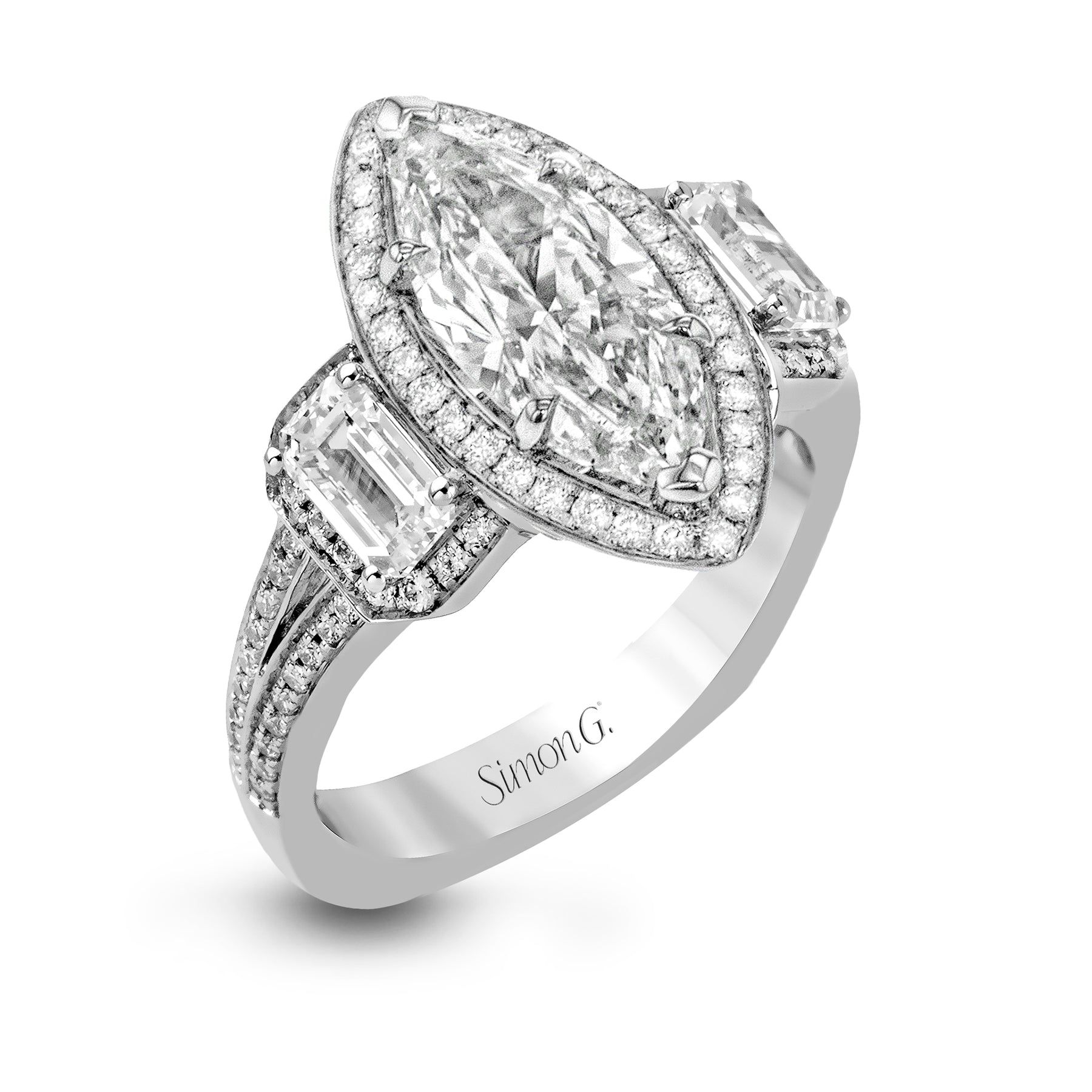 Marquise-Cut Three-Stone Halo Engagement Ring In 18k Gold With Diamonds TR446-MQ