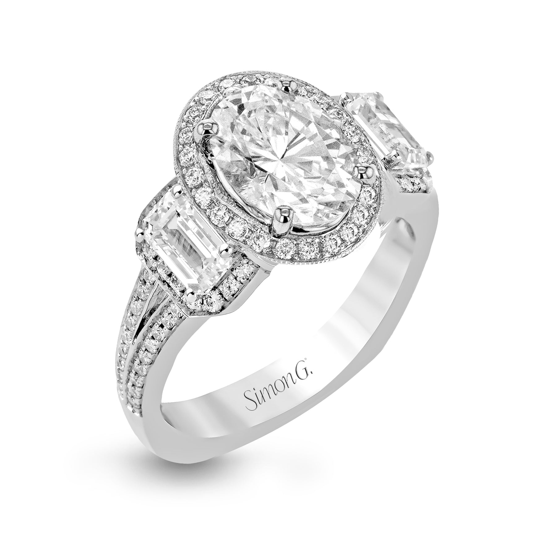 Oval-Cut Three-Stone Halo Engagement Ring In 18k Gold With Diamonds TR446-OV