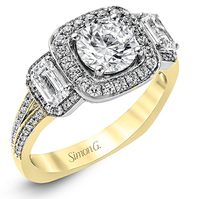 Round-Cut Three-Stone Halo Engagement Ring In 18k Gold With Diamonds TR446