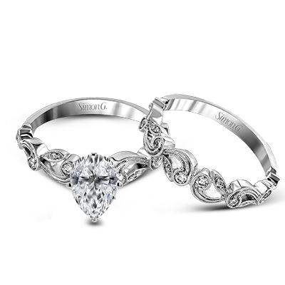 Pear-cut Trellis Engagement Ring & Matching Wedding Band in 18k Gold with Diamonds TR473-PR