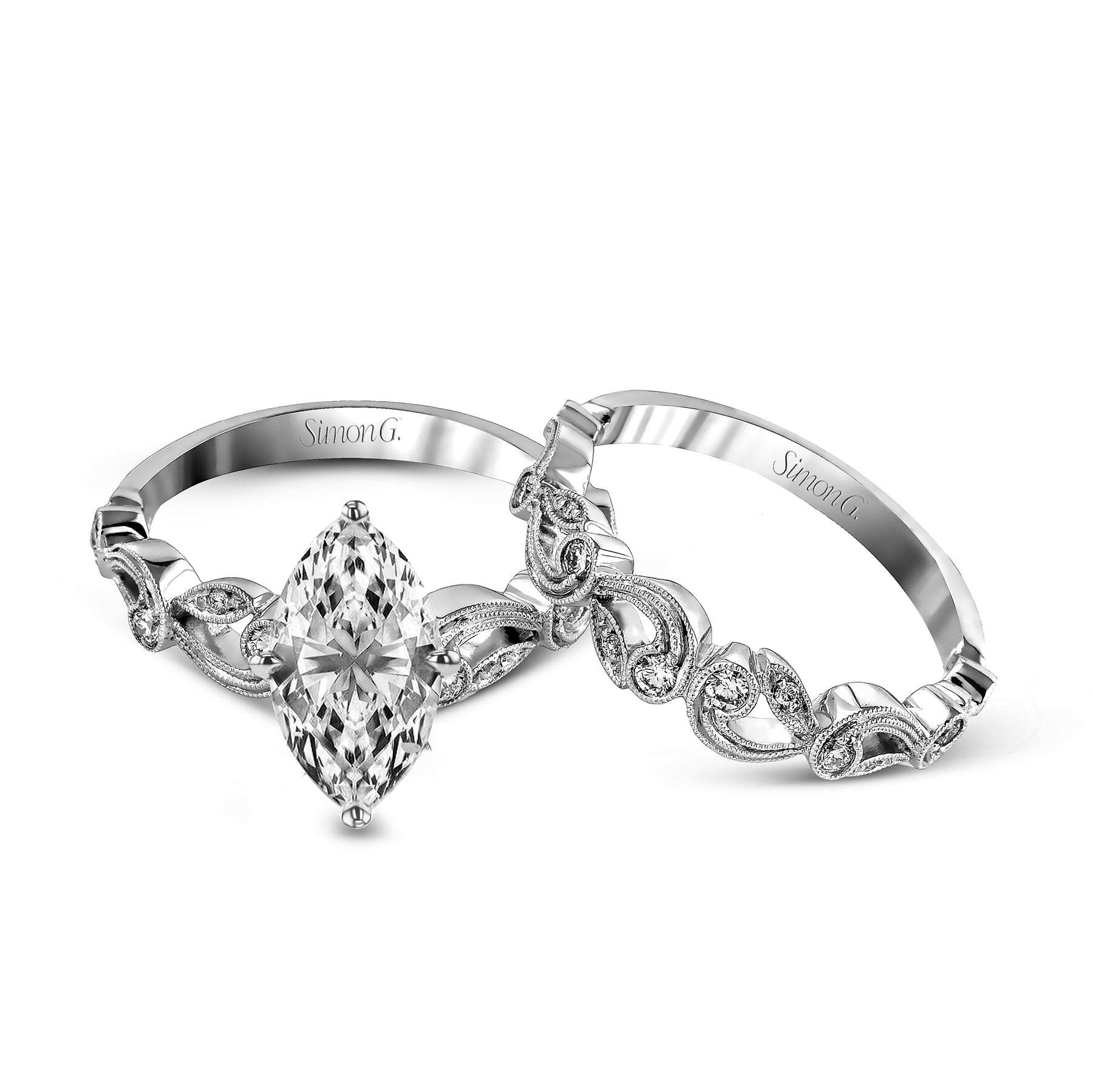 Marquise-cut Trellis Engagement Ring & Matching Wedding Band in 18k Gold with Diamonds TR473-MQ