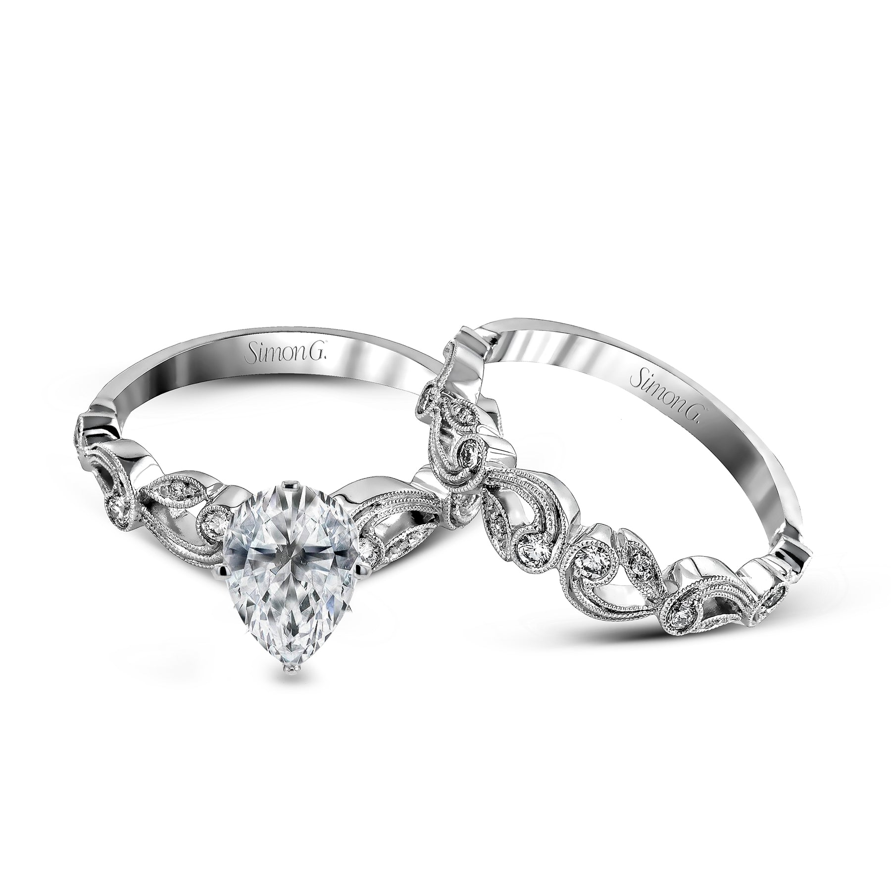 Princess-cut Trellis Engagement Ring & Matching Wedding Band in 18k Gold with Diamonds TR473-PC
