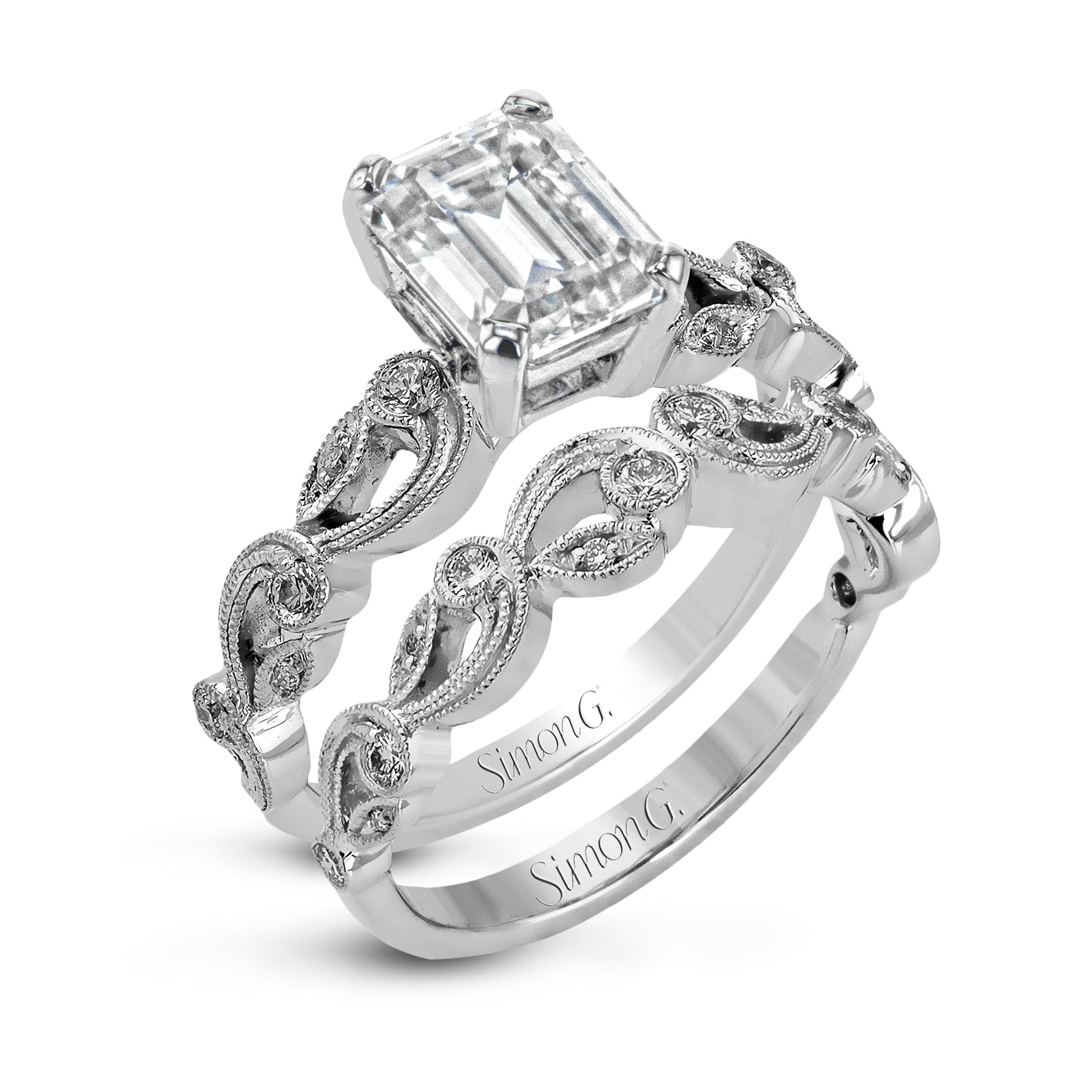 Emerald-cut Trellis Engagement Ring & Matching Wedding Band in 18k Gold with Diamonds TR473-EM