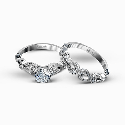 Round-cut Trellis Engagement Ring & Matching Wedding Band in 18k Gold with Diamonds TR473