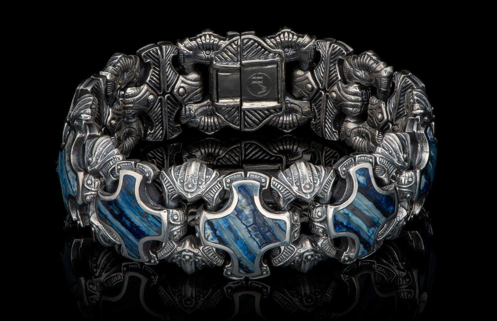 DELPHI SCULPTED STERLING SILVER BRACELET INLAID WITH BLUE FOSSIL MAMMOTH TOOTH